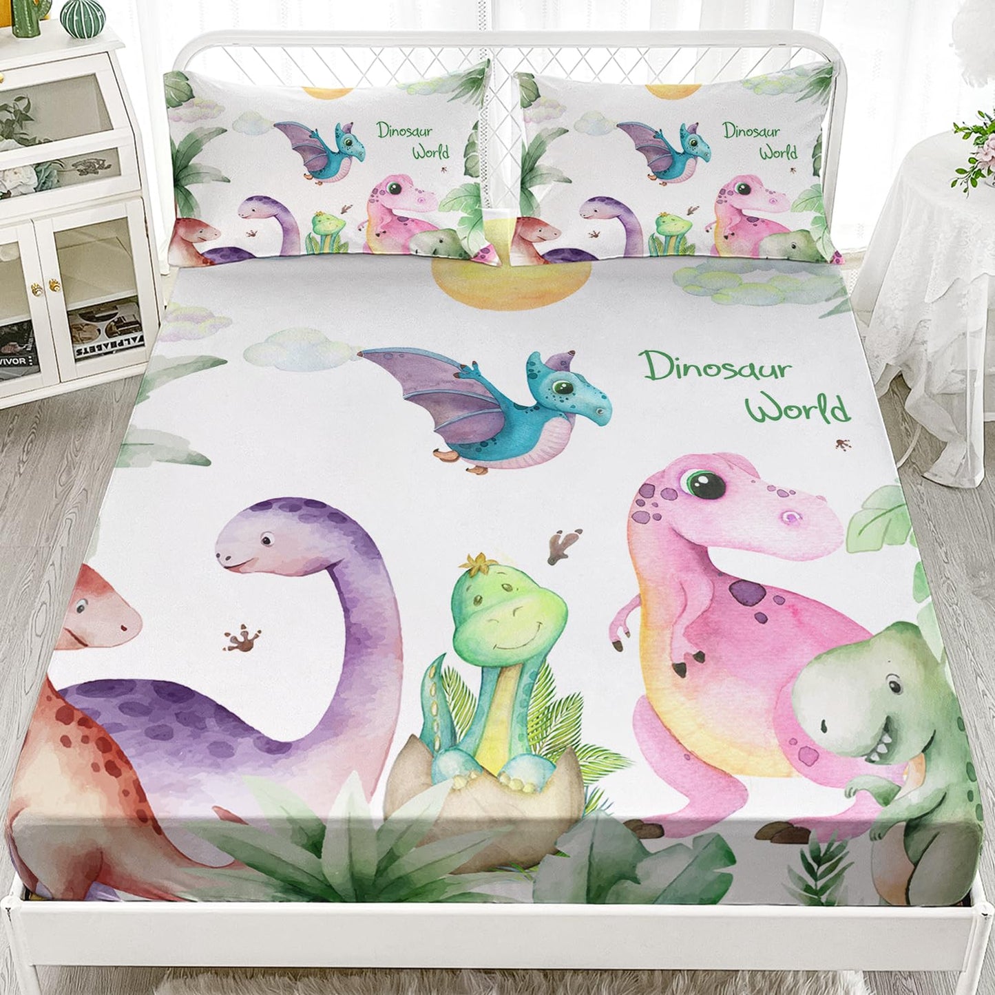 XYNHML Cartoon Dinosaur Bat Fitted Sheet Set Full 3Pcs Kawaii Dinosaur Bed Sheets Sun White Cloud and Leaf Pattern Bedding Set for Boys Girls Adult Includes 1 Fitted Sheet,2 Pillowcases