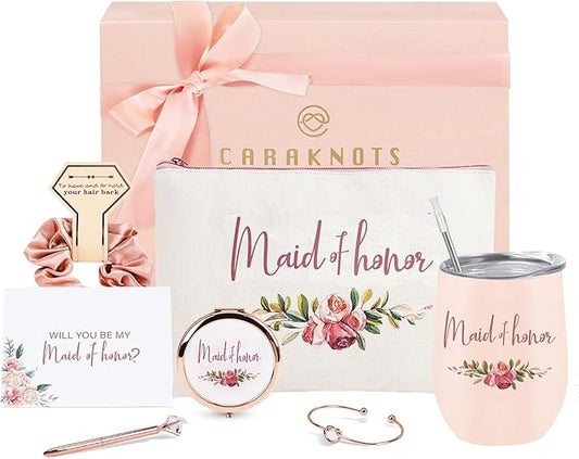 CARAKNOTS Maid of Honor Proposal Gift Box Set, Will You Be My Maid of Honor Gift, Pink Ready to Gift Bridesmaid Box with 12 oz Stainless Steel Tumbler, Bridal Party Bachelorette Wedding Favo