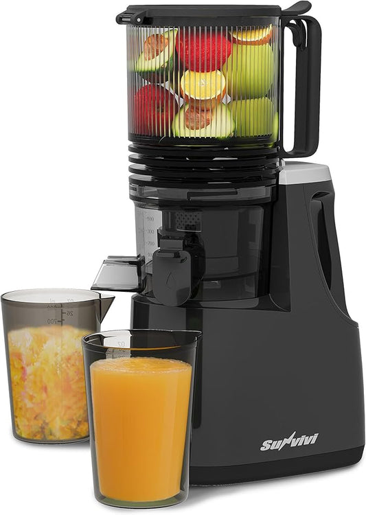 Sunvivi Cold Press Juicer with 5.9" Wide Feed Chute, 250W Slow Masticating Juicer Machines Fit Whole Vegetables & Fruits, Easy to Clean, Dual-Layer Strainer, High Yield Juicer for Home, Black