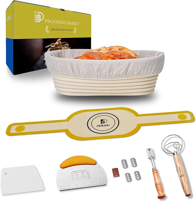 Sourdough Baking Supplies Set of 5, Oval 10 Inch Banneton Bread Proofing Basket with Bread Lame, Danish Dough Whisk with Stainless Steel, Dough Scraper Kit, Bowl Scraper – Baking Gift Kit