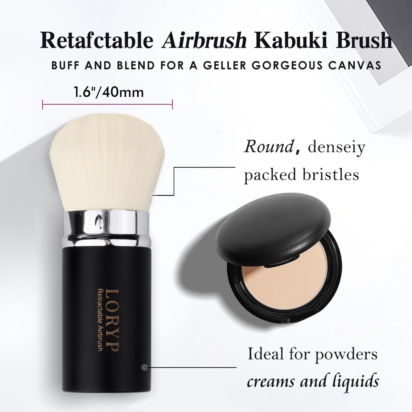 LORYP Retractable Makeup Brush Matte Black Kabuki Foundation Brush for liquid Cream and Powder Makeup 2 Pack Travel Makeup Brush Set