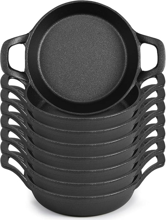 Mini Cast Iron Skillets 6.3 x 6.3 x 1.5 Inch Cast Iron Pan Small Ramekin Set Black Casserole Dish Cookware Oven Safe Mini Skillets for Kitchen Indoor Outdoor Picnic (8 Pack)