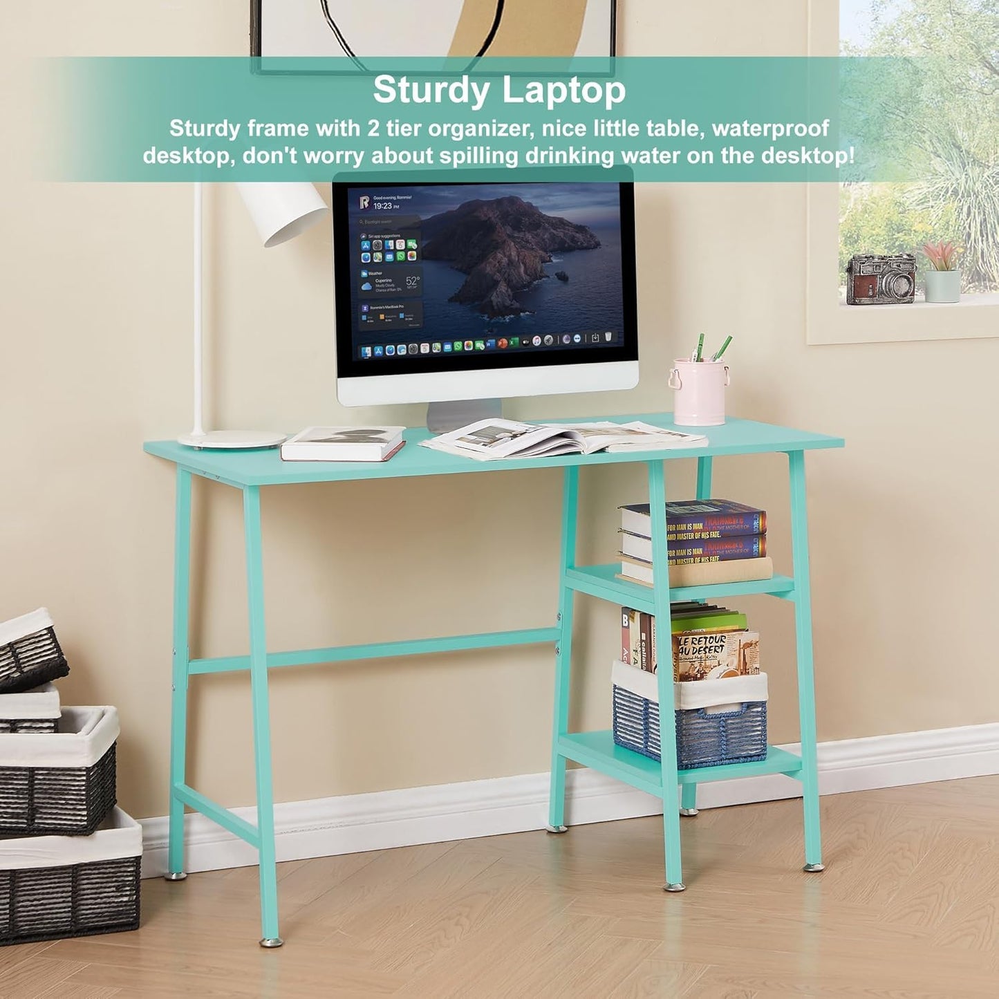 VECELO 43 Inch Computer Desk Writing Study Work Office Table Modern Desk with Shelves Wooden Desk for Home Bedroom,Blue Desk