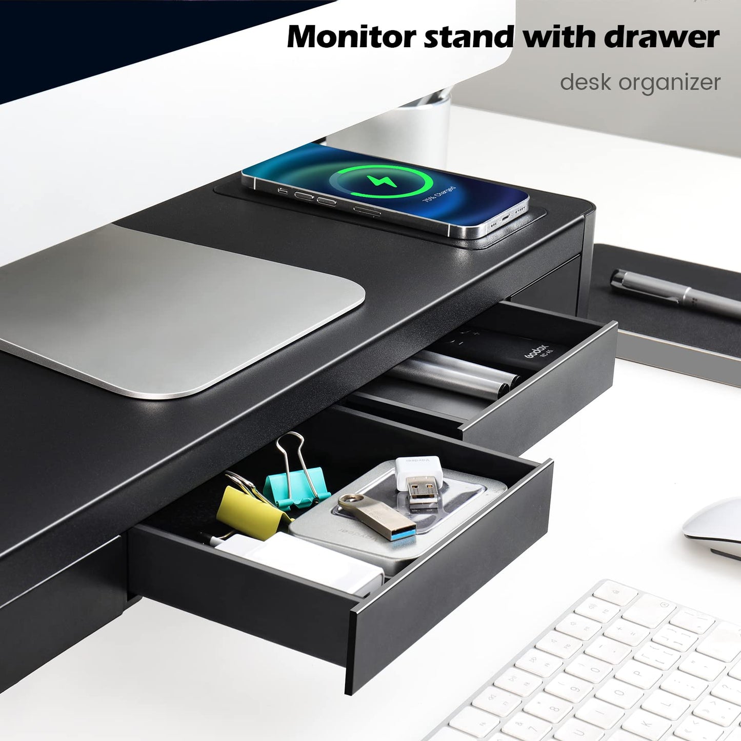 meatanty 3 In 1 Monitor Stand Riser with 2 Drawers,1 Wireless Charging Module and 4 USB Ports,Metal Computer Stand Support Transfer Data & Charging,Desk Organizer for PC,iMac (21 inches)