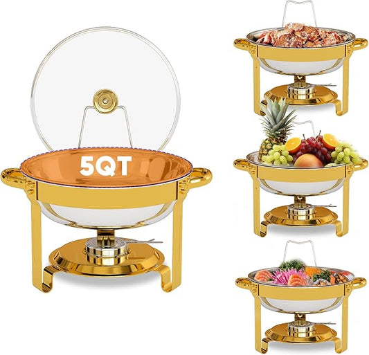 4 Pack Gold Round Chafing Dishes for Buffet, 5 QT Food Warmers and Cold Food Server for Parties, Events Hosting, Family Gatherings, Full Set Catering Supplies with Serving Utensils Accessories