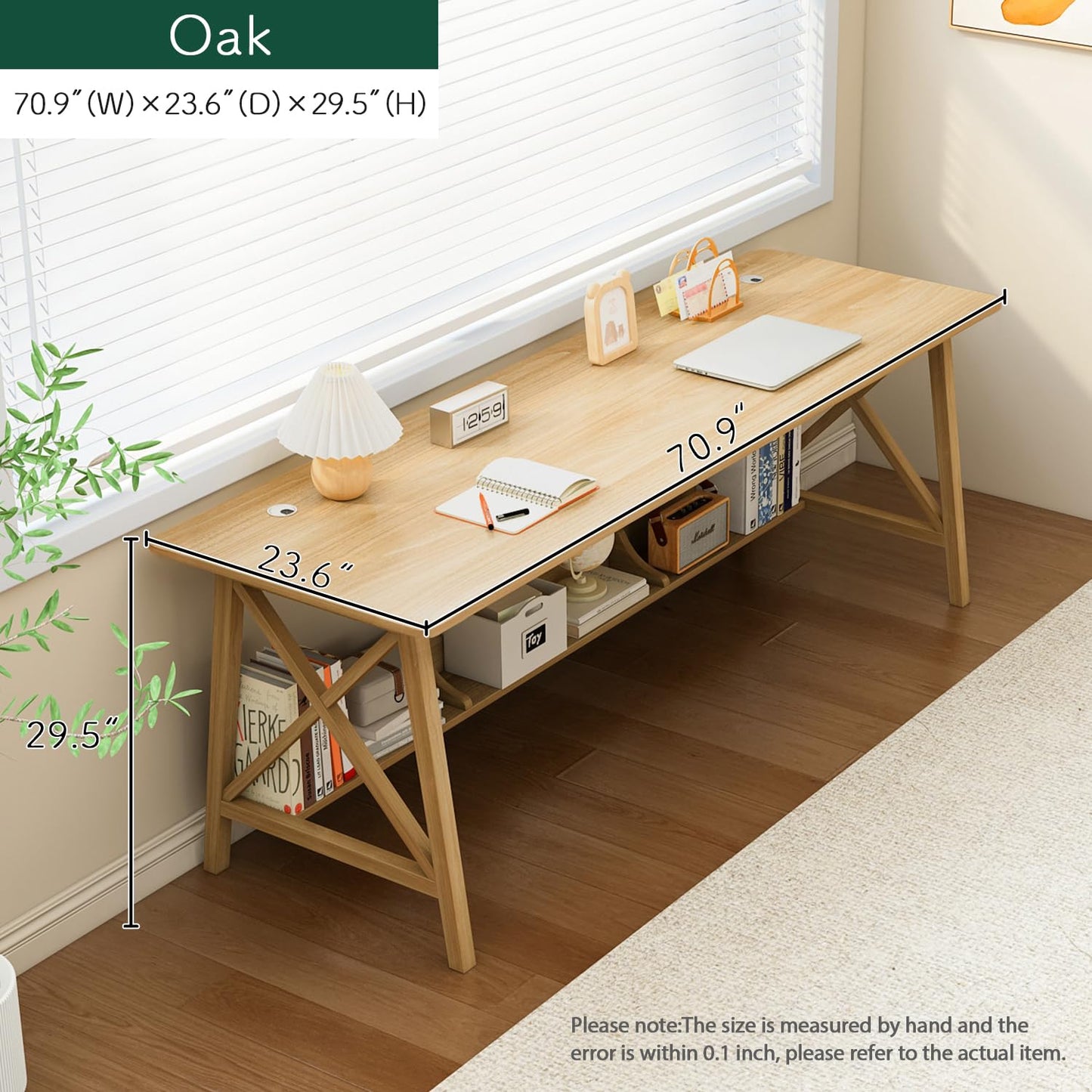 NELYE Extra Long Desk with Bookshelf - Solid Wood Home Office Work Study Table, 2-Person Writing Computer Workstation with Storage Shelf in Oak, 71" Wx24 Dx30 H