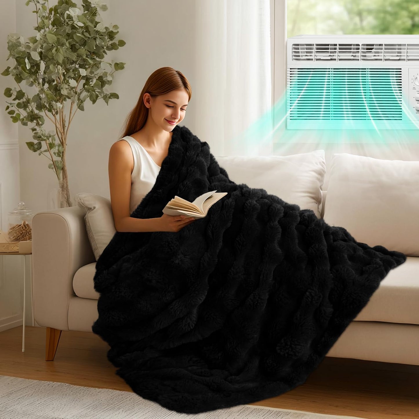Moenchy Faux Fur Black Throw Blanket for Couch - Super Soft Heavy Flufyy Thick Bubble Throw Blankets for Bed Bedroom Living Room Farmhouse Sofa Chair Fall Winter Warm, 50x60 Inch