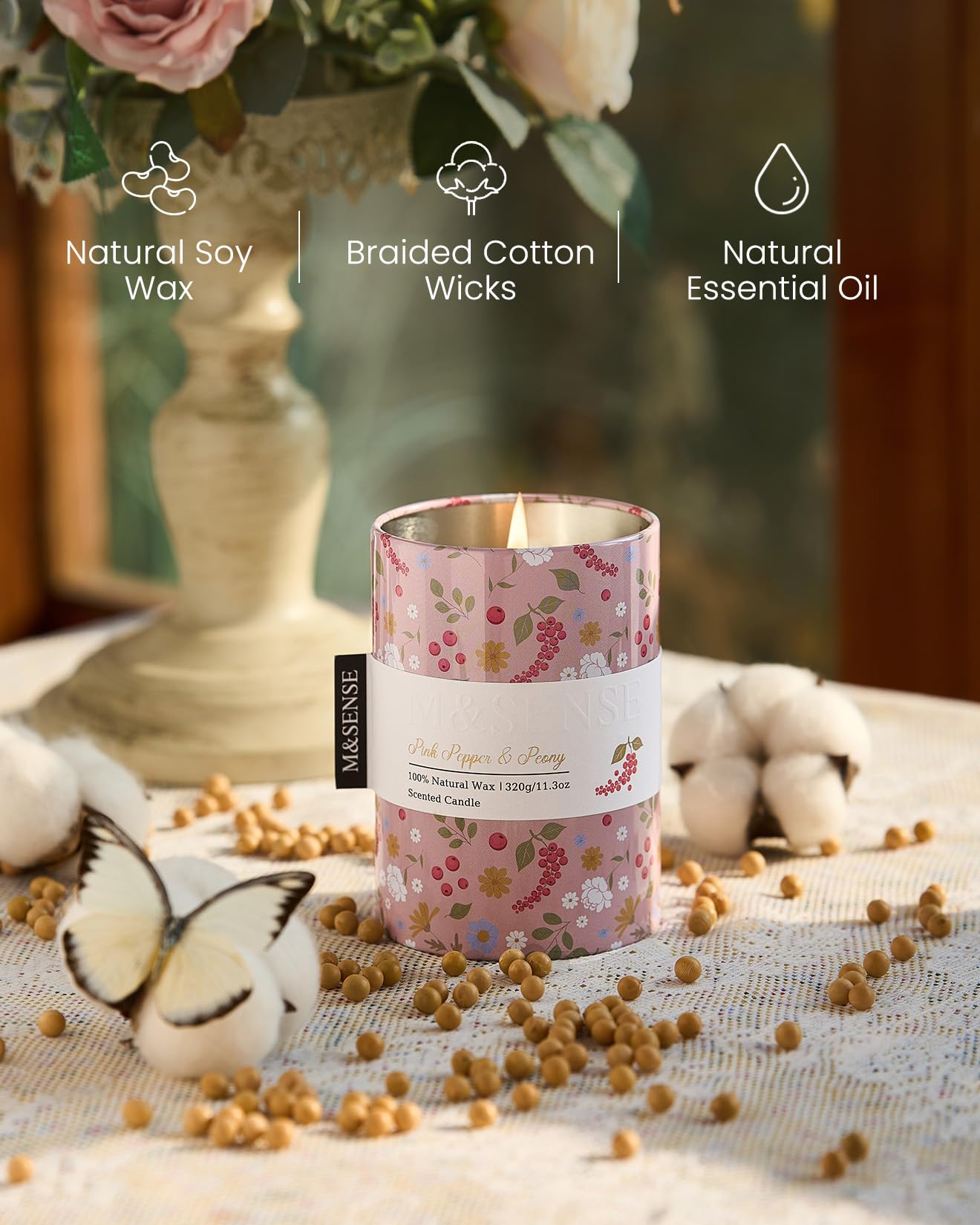 M&SENSE Pink Pepper Peony Scented Candle, Medium Jar Candle 11.3oz Natural Soy Wax for Home Scented, Floral Candles Gift for Spring Holiday, Up to 70 Hours Burning Long-Lasting Fragrance