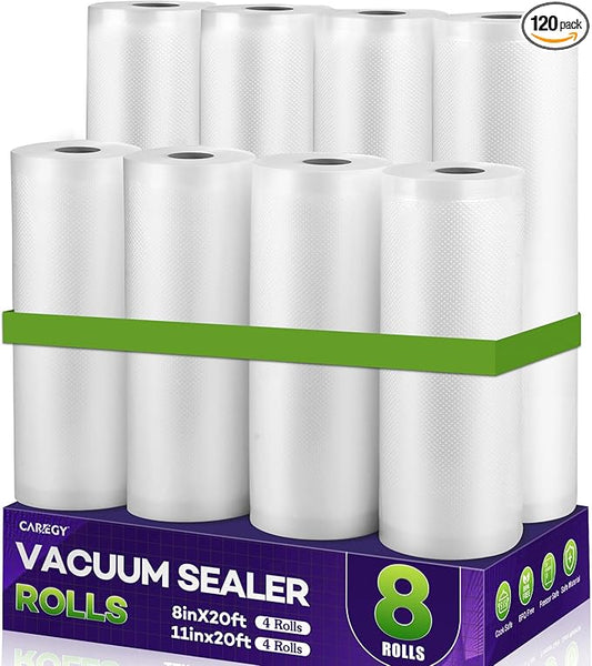 CAREGY Food Vacuum Sealer Rolls Bags 8 Pack 4 Rolls 8'' x 20' and 4 Rolls 11''x 20' Commercial Grade BPA Free Bag Rolls Embossed Food Saver Bags for Meal Prep,Sous Vide Cooking and Food Storage