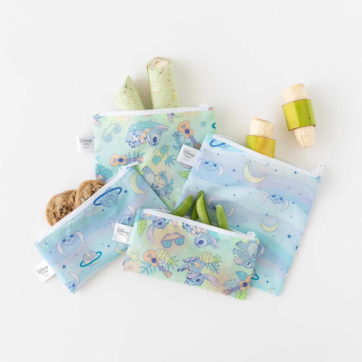 Bumkins Reusable Sandwich and Snack Bags, for Kids School Lunch and for Adults Portion, Washable Fabric, Waterproof Cloth Zip Bag, Travel Pouch, Food-Safe Storage, 4-pack Set Disney Stitch