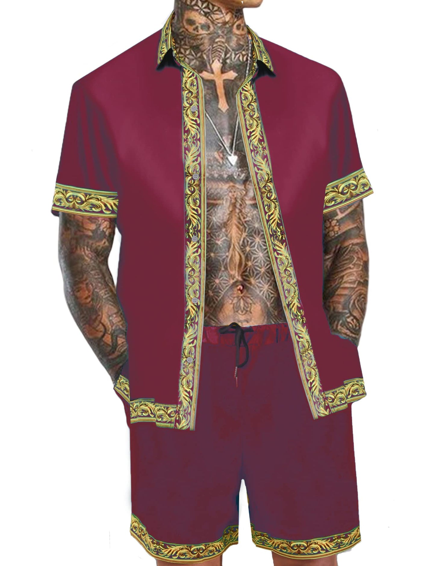 OYOZONE Beach Shorts and Hawaiian Short Sleeve Silk Dress Shirt for Men Summer Outfits