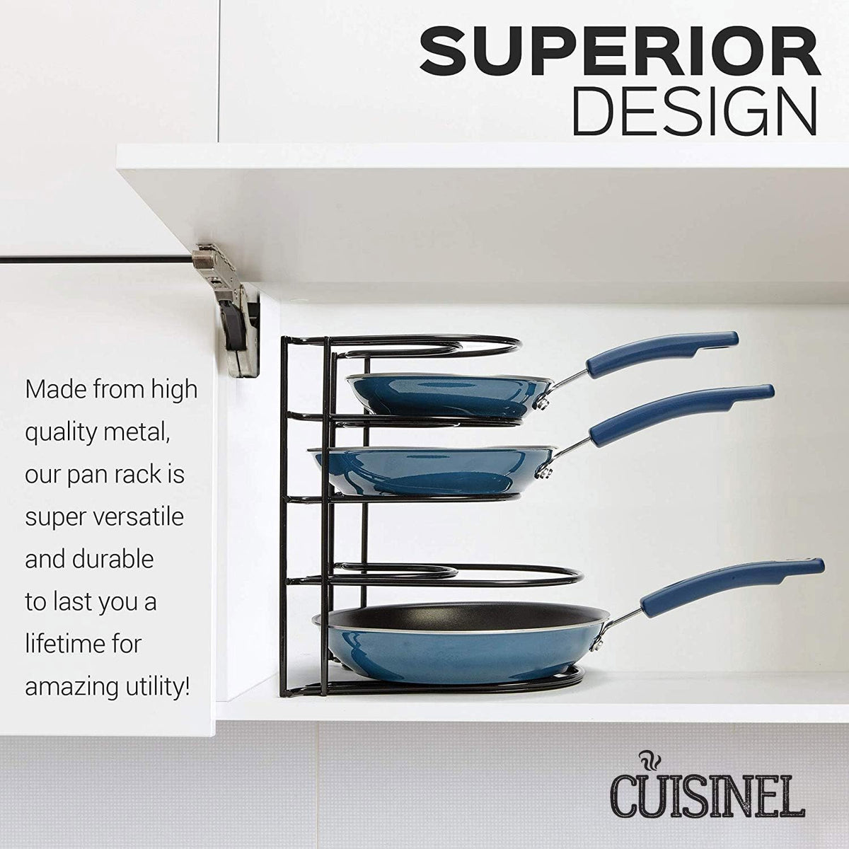 Cuisinel Heavy Duty Pots and Pans Organizer Rack - 12.2"-Inch Tall - 5 Tier Rack - Holds 50 LB - Cast Iron Skillets, Griddles, Shallow Cookware - Space Saving Kitchen Storage - No Assembly Required
