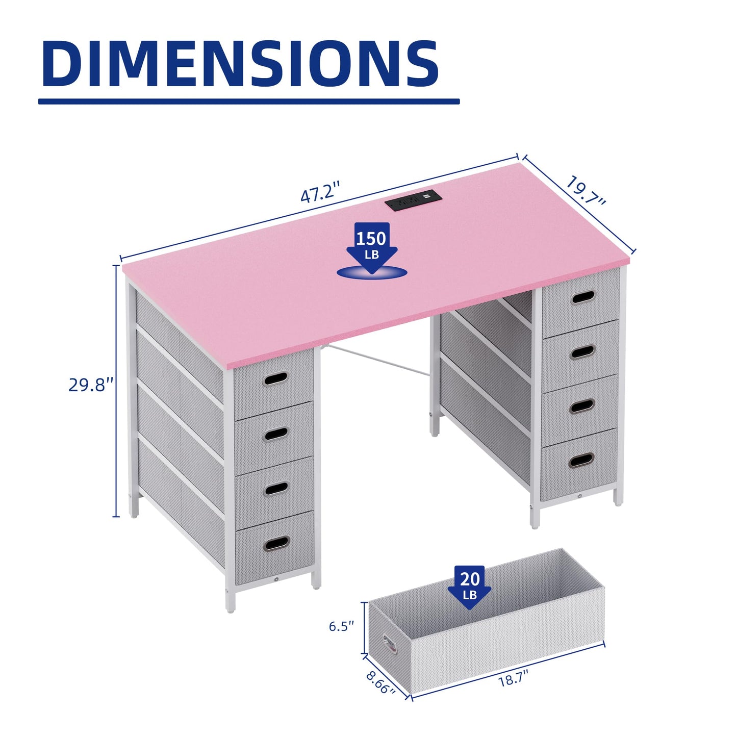Pamray 47 Inch Computer Desk with 8 Fabric Drawers and Power Outlet PC Gaming Desk Home Office Study Work Writing Table for Bedroom Pink