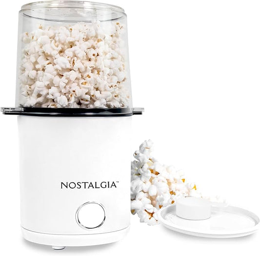 Nostalgia 8-Cup Hot Air Popcorn Maker & Bowl - 2-In-1 Bowl & Lid, 2 oz Measuring Cup - Oil-Free Pop Corn for Movie Night, Snacks, Birthday Parties, and More - White