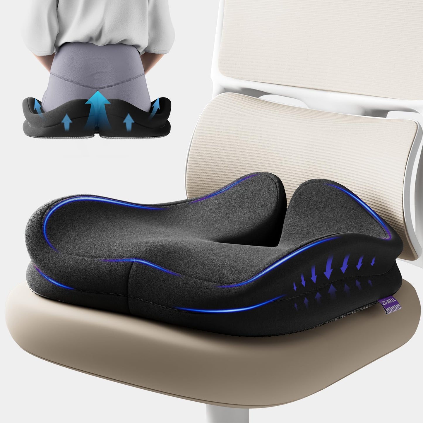 ZZ-WELL Seat Cushions for Office Chairs - Patented Coccyx Cushion for Tailbone Pain - 21.2" W x 16.5" L Extra Large Memory Foam Seat Cushion with Removable Cover