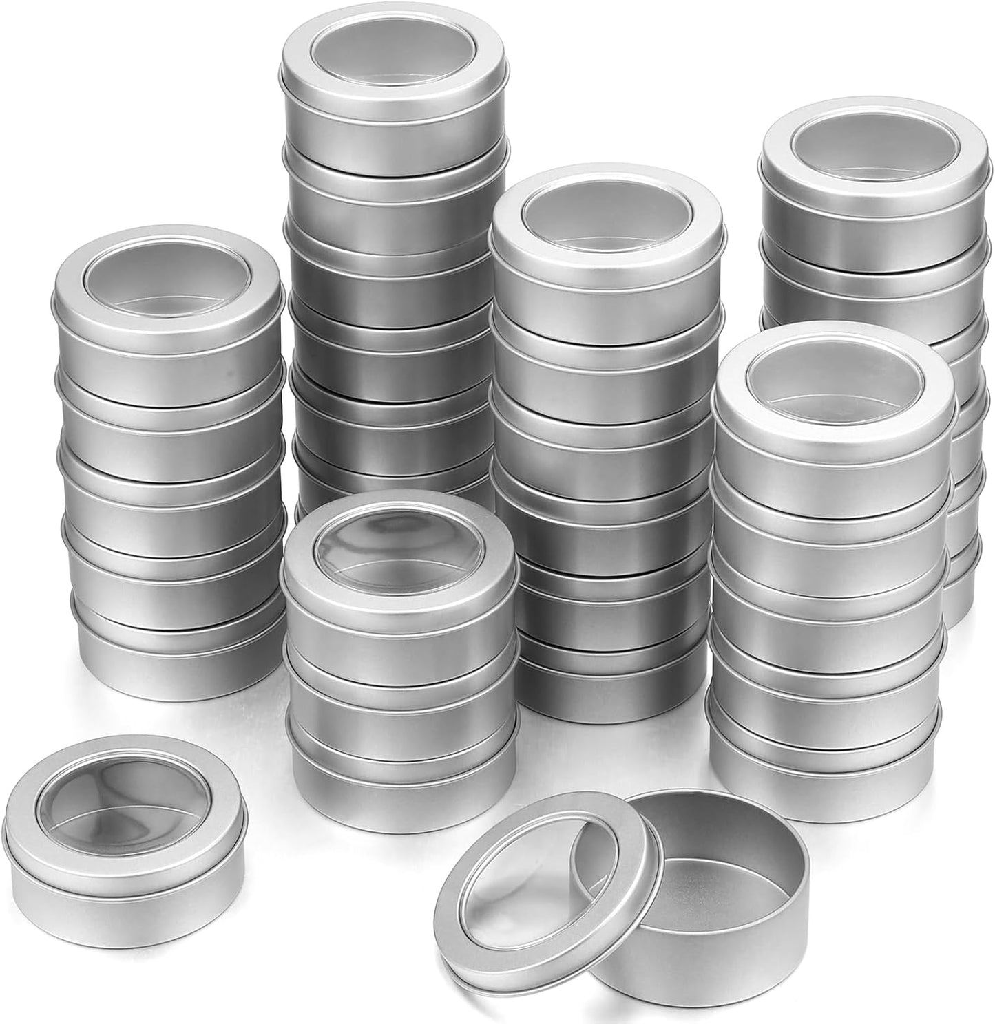 TecUnite 40 Pack 2 Ounce Metal Tin Cans Round Empty Container Salve Tins with Clear Lid for Kitchen, Office, Candles, Candies