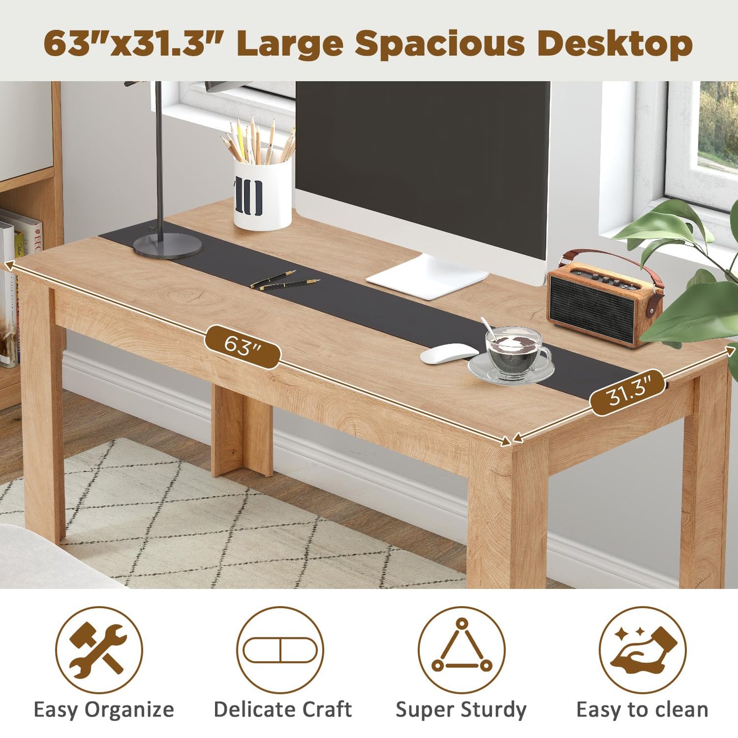 ECOTOUGE 63" Modern Computer Desk, Large Home Office Desk with L-Shaped Legs, Wooden Rustic Writing Table Workstation for Office, Study, Gaming, Natural & Black