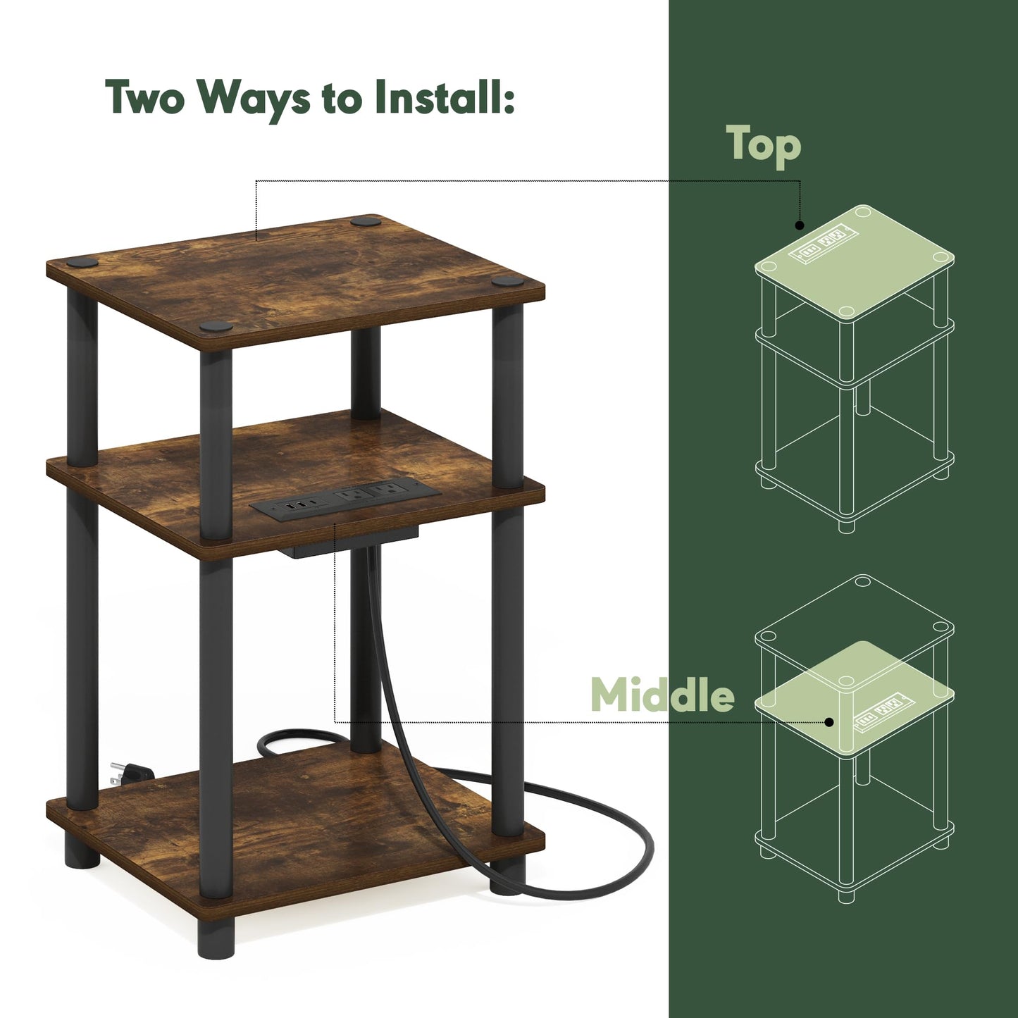 Furinno Just 3-Tier Turn-N-Tube USB and Type-C Charging Port End Table with Open Storage, 11.42 (W) x 8.82 (H) x 6.77 (D) inches, Amber Pine/Black