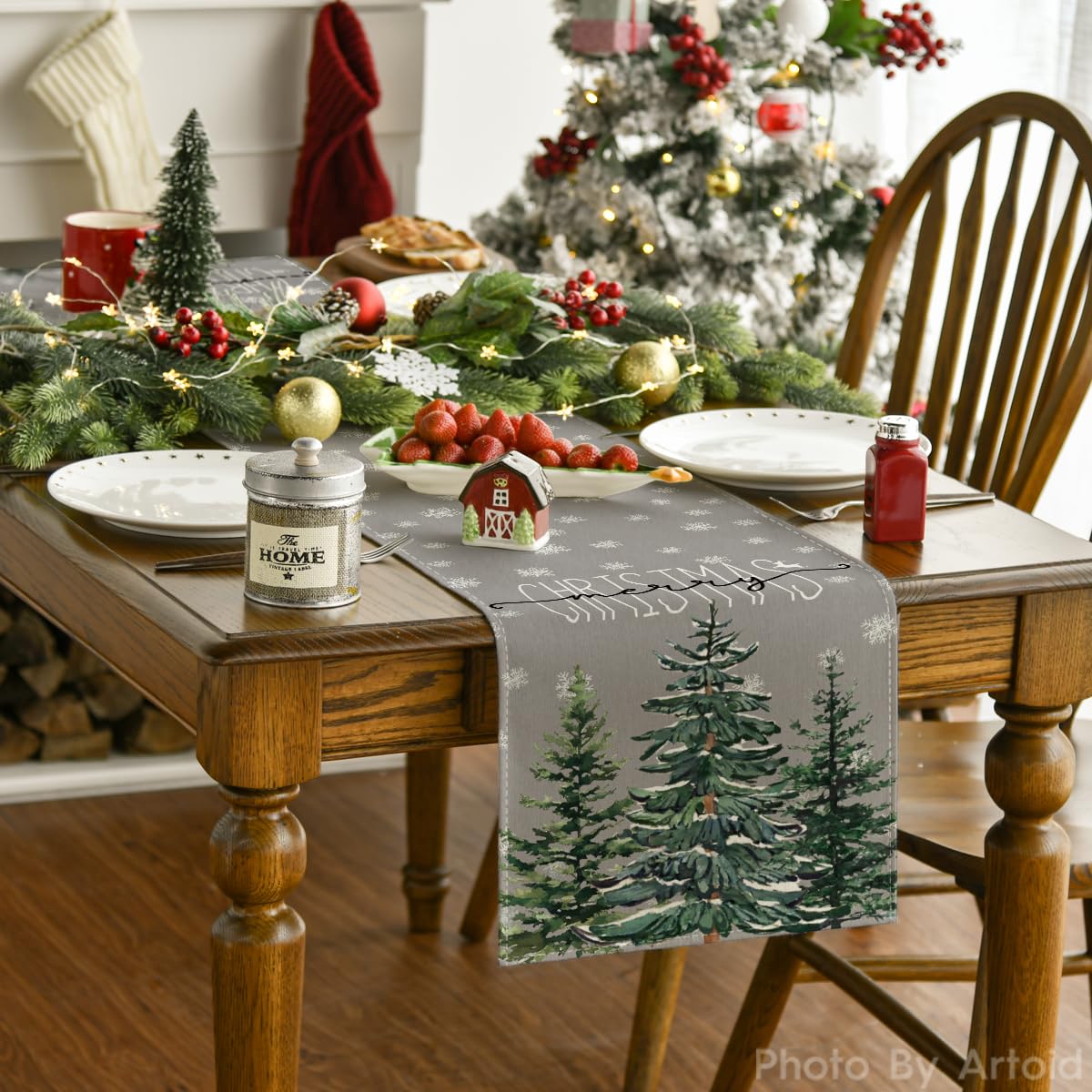 Artoid Mode Pine Tree Snowflake Merry Christmas Table Runner, Seasonal Winter Xmas Holiday Kitchen Dining Table Decoration for Indoor Outdoor Home Party Decor 13 x 72 Inch