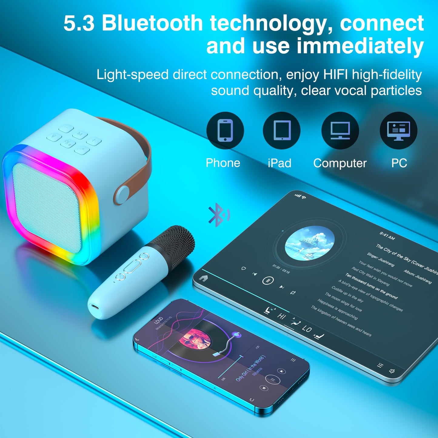 TAEMVV Mini Karaoke Machine for Kids Ages 2-12, Portable Bluetooth Karaoke Speaker with LED Party Lights & 2 Wireless Microphones, Perfect Birthday & Holiday Toys Gifts for Girls Boys (Blue)
