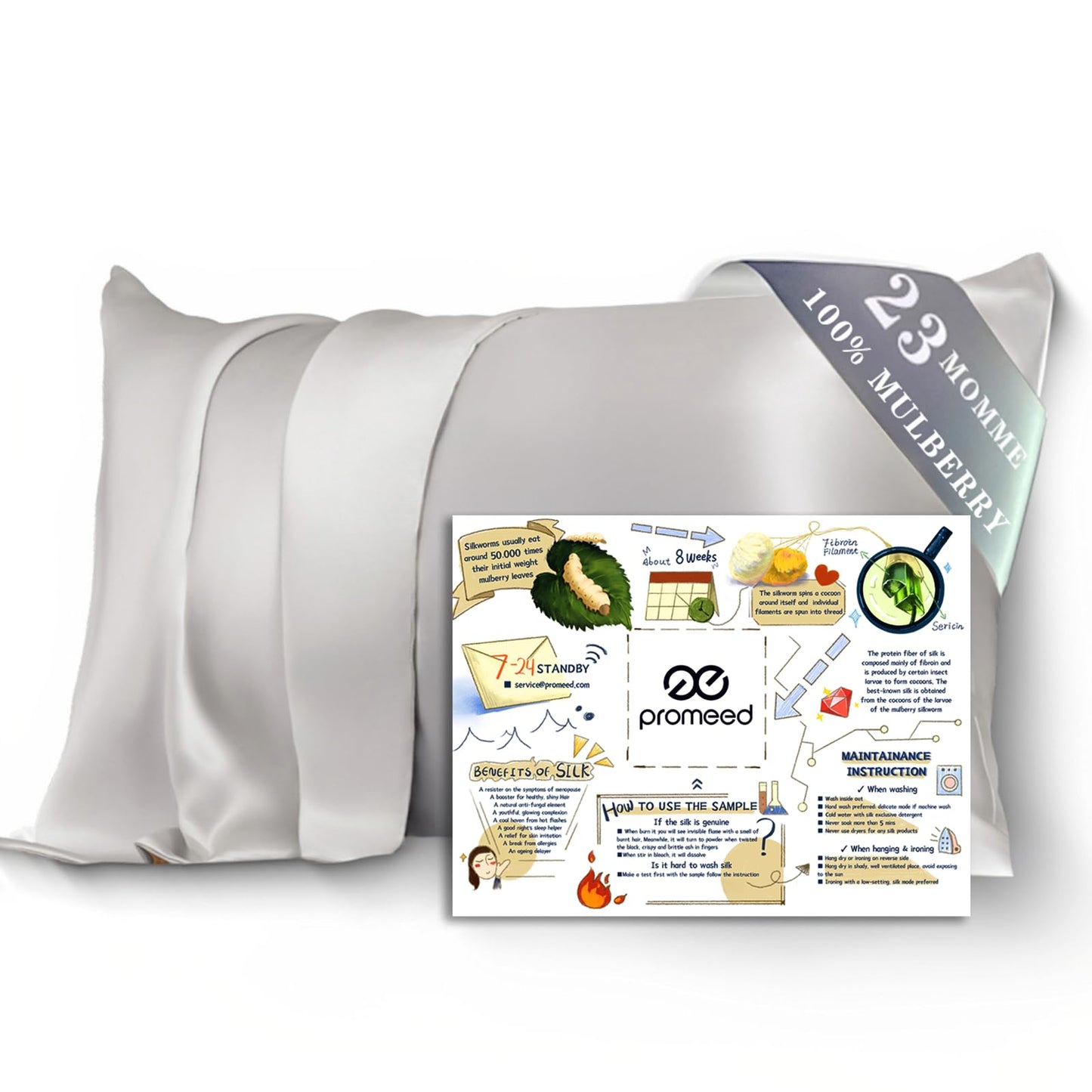 PROMEED 100% Mulberry Silk Pillowcase for Hair and Skin with Zipper, Both Sides Pure 23 Momme Silk Pillow Case, Grade 6A+ Real Silk Case (Standard 20"x26", Light Grey)
