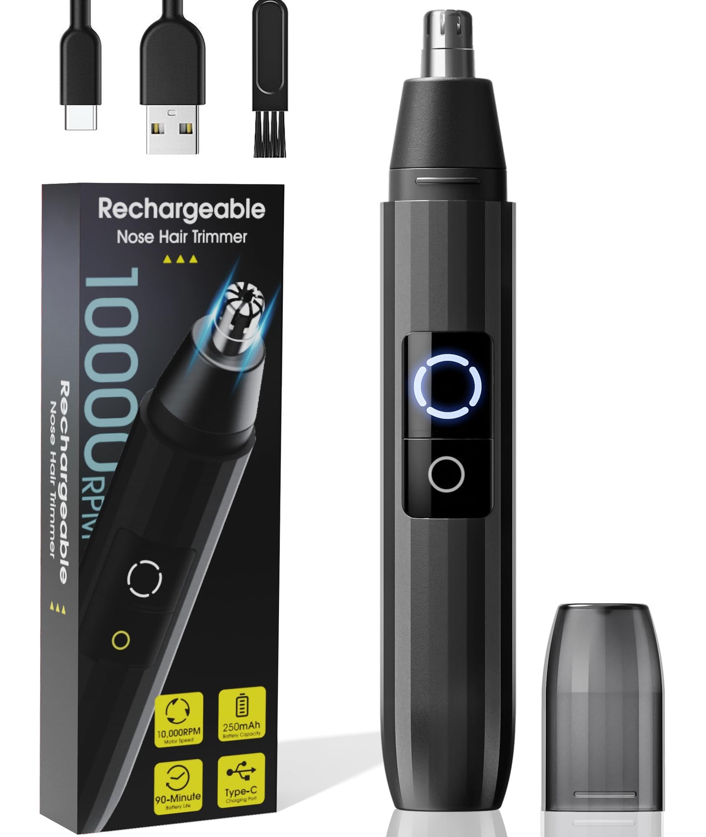 KPMARE Ear and Nose Hair Trimmer for Men Women, USB-C Rechargeable, Personal Portable Travel Nose Hair Grooming Tool with LED Light, Lightweight (Black)