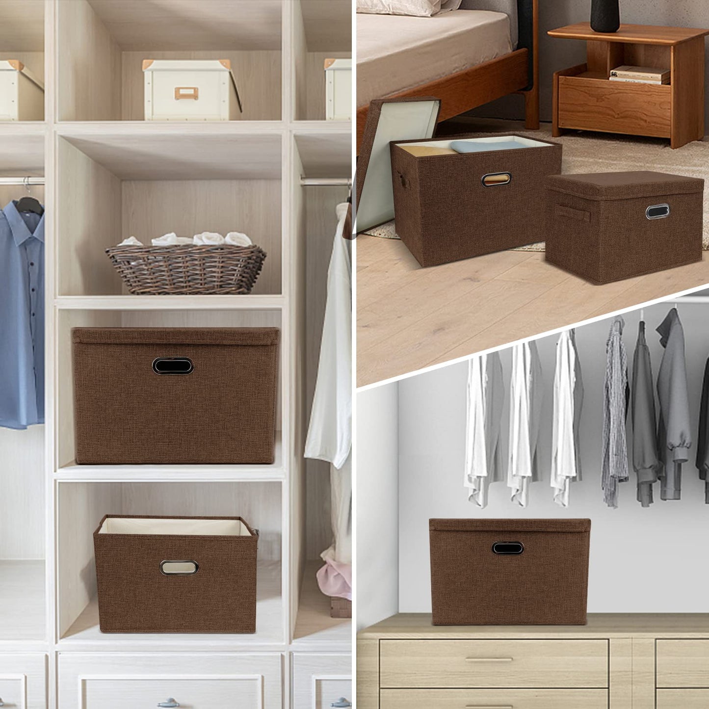 DAYARD Foldable Storage Boxes with Lids Linen Fabric Stackable Storage Bins Organizer Containers Baskets Cube with Cover for Closet Office Nursery, Coffee (15 x 10 x 10)