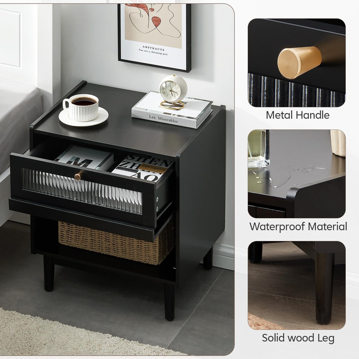 CLIPOP Led Nightstand, Bedside Table with Drawer, Solid Wood Legs, Fluted Glass Night Stand for Bedroom, Living Room, Small Space, Black