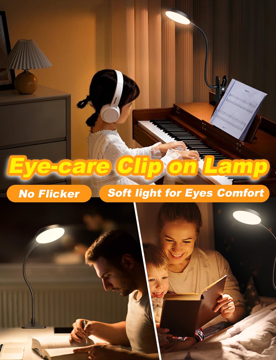 Reifeiniwei Desk Lamp with Clamp-10W，2-in-1 with RGB Ambient Light & Warm White Light,Book Reading Light Color Changeable/Flexible Gooseneck LED Lamps Clip on Bed Headboard and Computers 800LM-Black