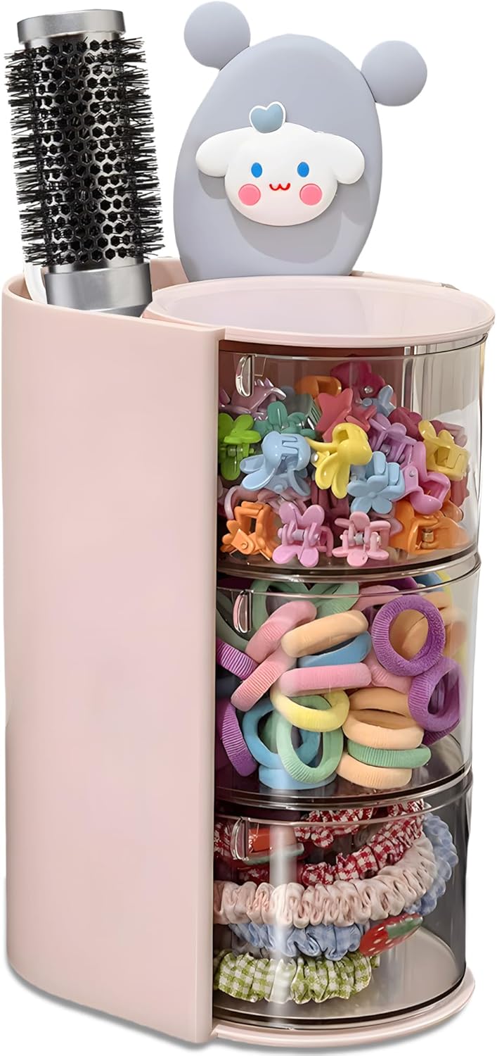 Hair Accessories Organizer with Hair Brush Holder, Rotatable Makeup Brush Holder for Necklaces, Earring, Bracelet, Ring, Makeup Brushes, Hair Clip and Hair Accessories (Pink, 3-Layer)