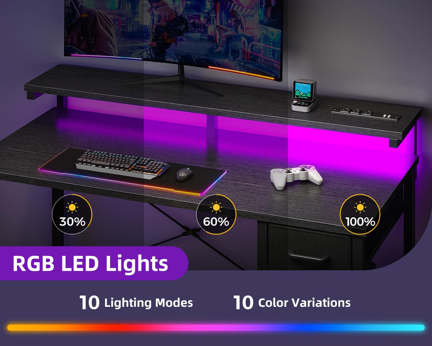 MOTPK Gaming Desk with LED Lights & Power Outlet, 48 Inch Computer Desk with Drawer, Reversible Table with Monitor Shelf & Headphone Hook for Home Office, Black