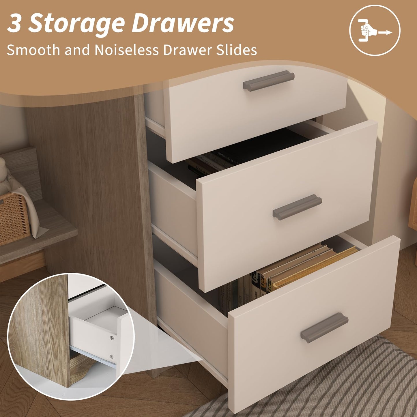 MaverickFurni Small Desk with 3 Drawers, 47 Inch Computer Desk with Drawers & Storage File Cabinet for Small Spaces, Home Office Desk for Bedroom, Bottom Shelves, White and Walnut