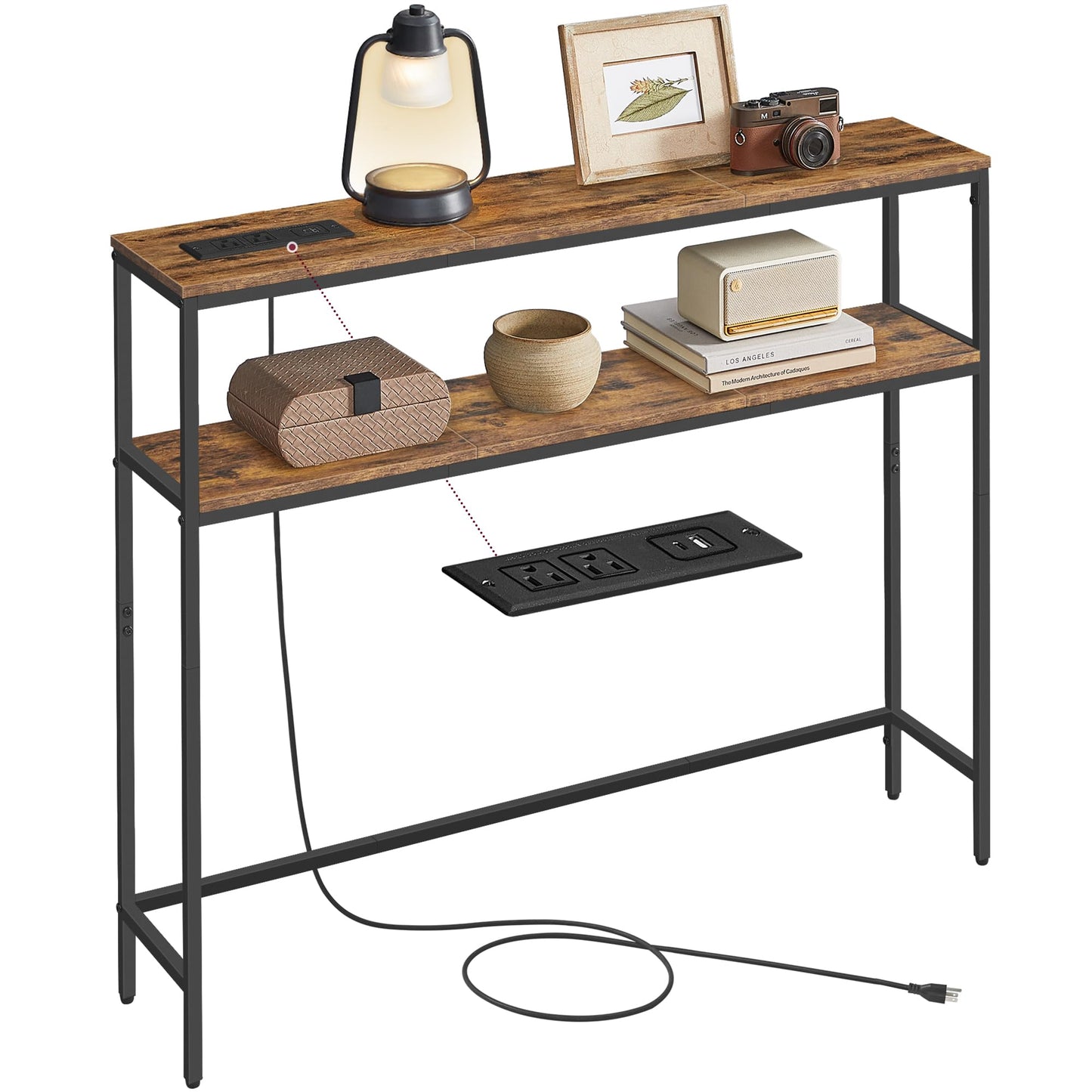 VASAGLE Console Table with Power Outlet, 2-Tier Narrow Sofa Table with 2 Shelves, 7.9 x 39.4 x 31.5 Inches, for Living Room, Hallway, Entryway, Rustic Brown and Ink Black ULNT136K01
