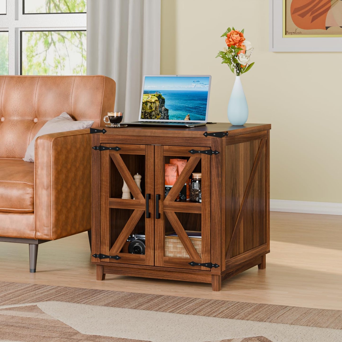 VITESSE Farmhouse End Table, 24" Large Wood Square Nightstand with Doors, Sofa Side Table with Charging Station Modern Nightstand Storage Cabinet for Living Room, Bedroom, Entryway (Brown)