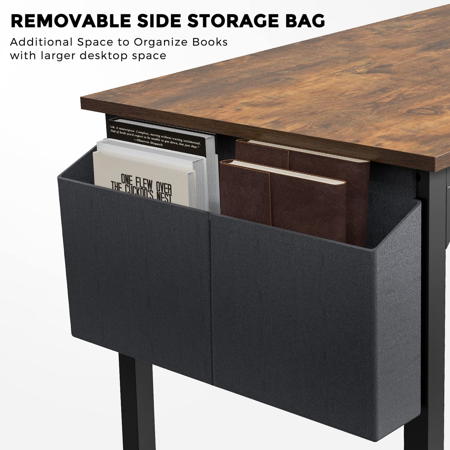 OLIXIS Computer Office Desk, 55 Inch Writing Work Study PC Wood Modern Desk with Storage Bag & Headphone Hook Simple Bedroom for 2 Person Kids Student Table, Rustic Brown