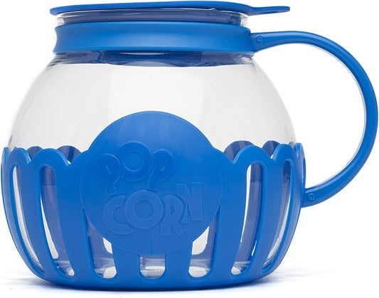 Ecolution Patented Micro-Pop Microwave Popcorn Popper with Temperature Safe Glass, 3-in-1 Lid Measures Kernels and Melts Butter, Made Without BPA, Dishwasher Safe, 3-Quart, Blue