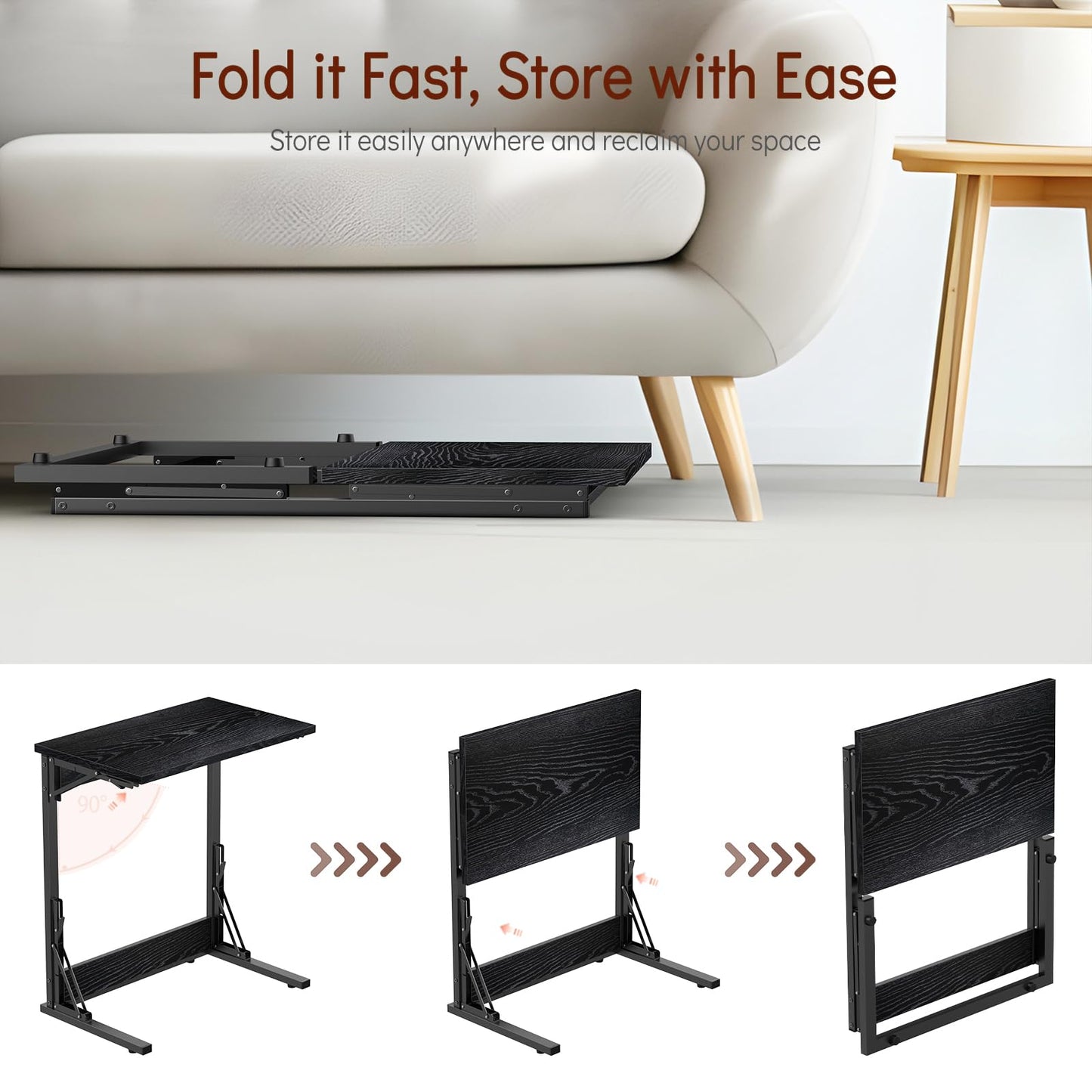 Tatub 24" Folding C Shaped End Table Set of 2, Small Sofa Side Laptop Desk, Couch TV Tray Table for Living Room, Bedroom, Black