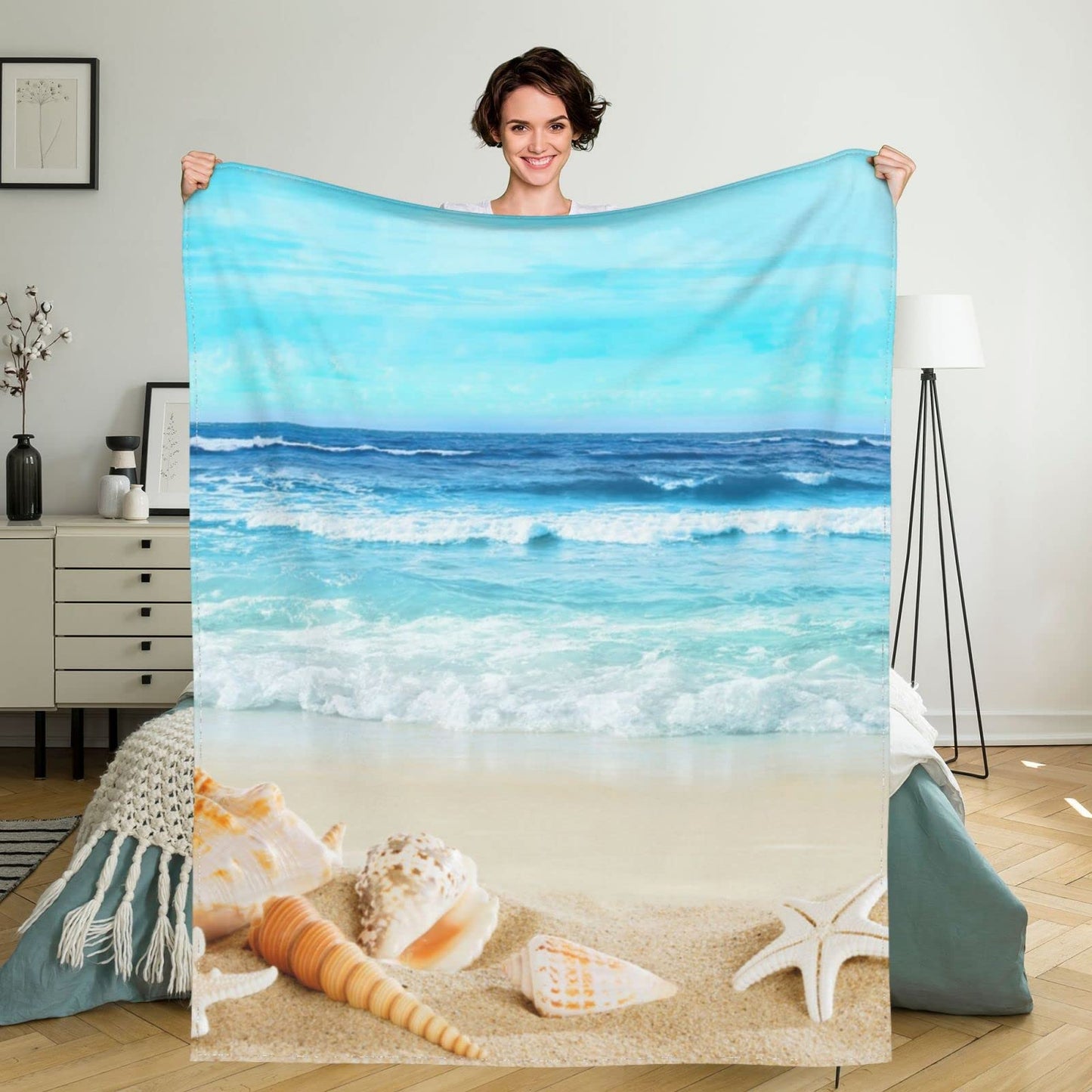 Beach Throw Blanket 50x40 Inch, Beach Starfish Lightweight Soft Microfiber Throw Blanket with 18x18 Inch Pillowcase Perfect for Bed and Sofa