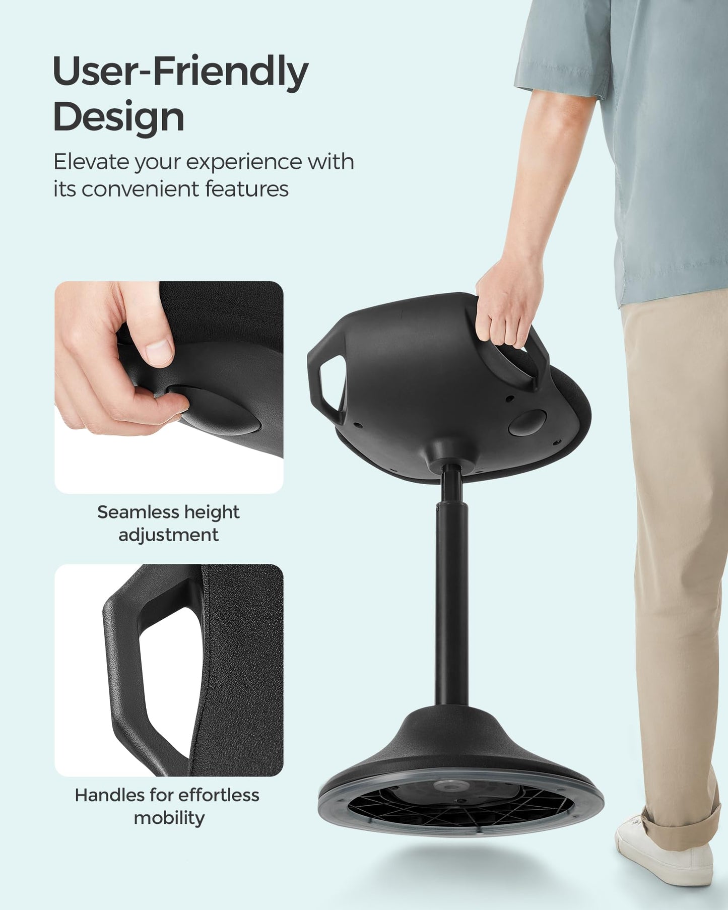 SONGMICS Standing Desk Chair, Adjustable Ergonomic Wobble Stool, 23.6-33.3 Inches Drafting Chair, Swivel Sitting Balance Stool, Fabric Upholstery, Anti-Slip Bottom Pad, Ink Black UOSC02BK