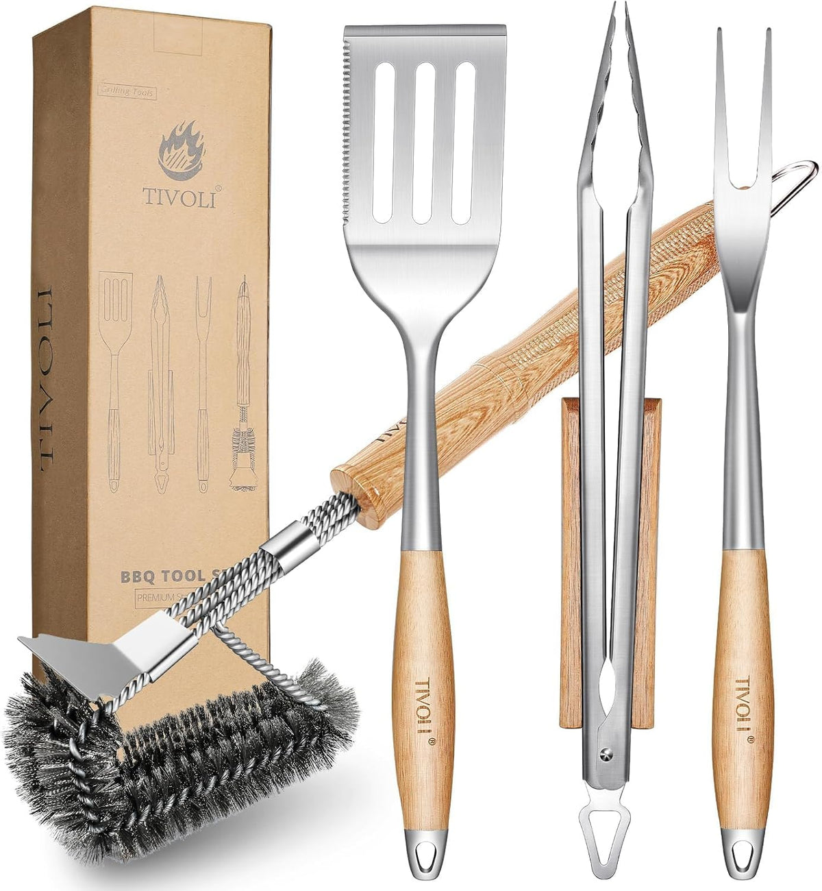 TIVOLI 4PCS Grilling Accessories, Heavy Duty BBQ Tool Set with Stainless Steel Spatula, Tongs, Fork, Cleaning Brush, Wood Handles Barbecue Utensils Kit for Outdoor, Perfect Grill Gifts for Dad Men