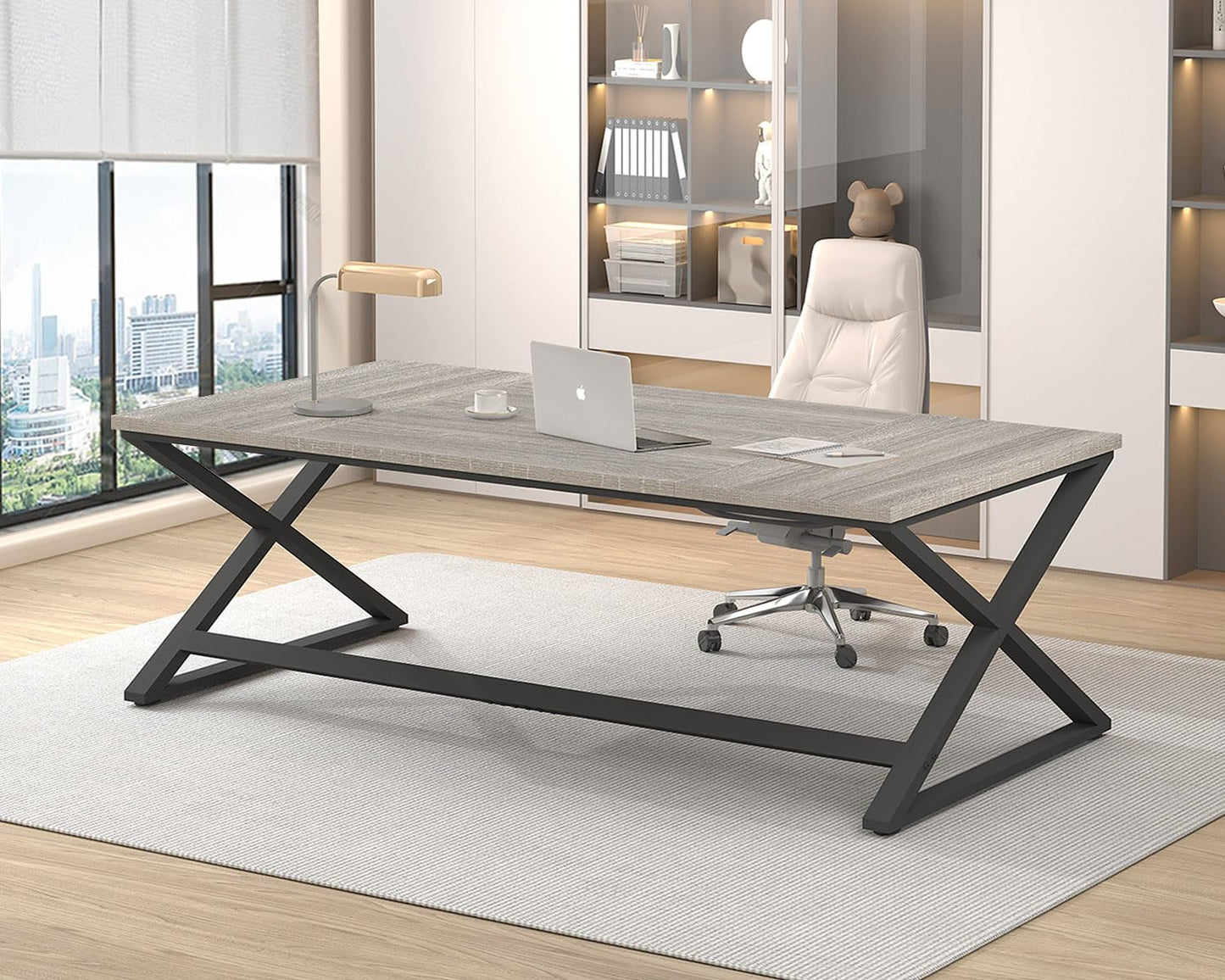 IBF Large Home Office Computer Desk, Industrial Long Work Study Writing Desk, Simple Executive Conference Table for 2 Person, Wood Metal Double Pc Gaming Workstation in Bedroom, Light Grey Oak, 70 in