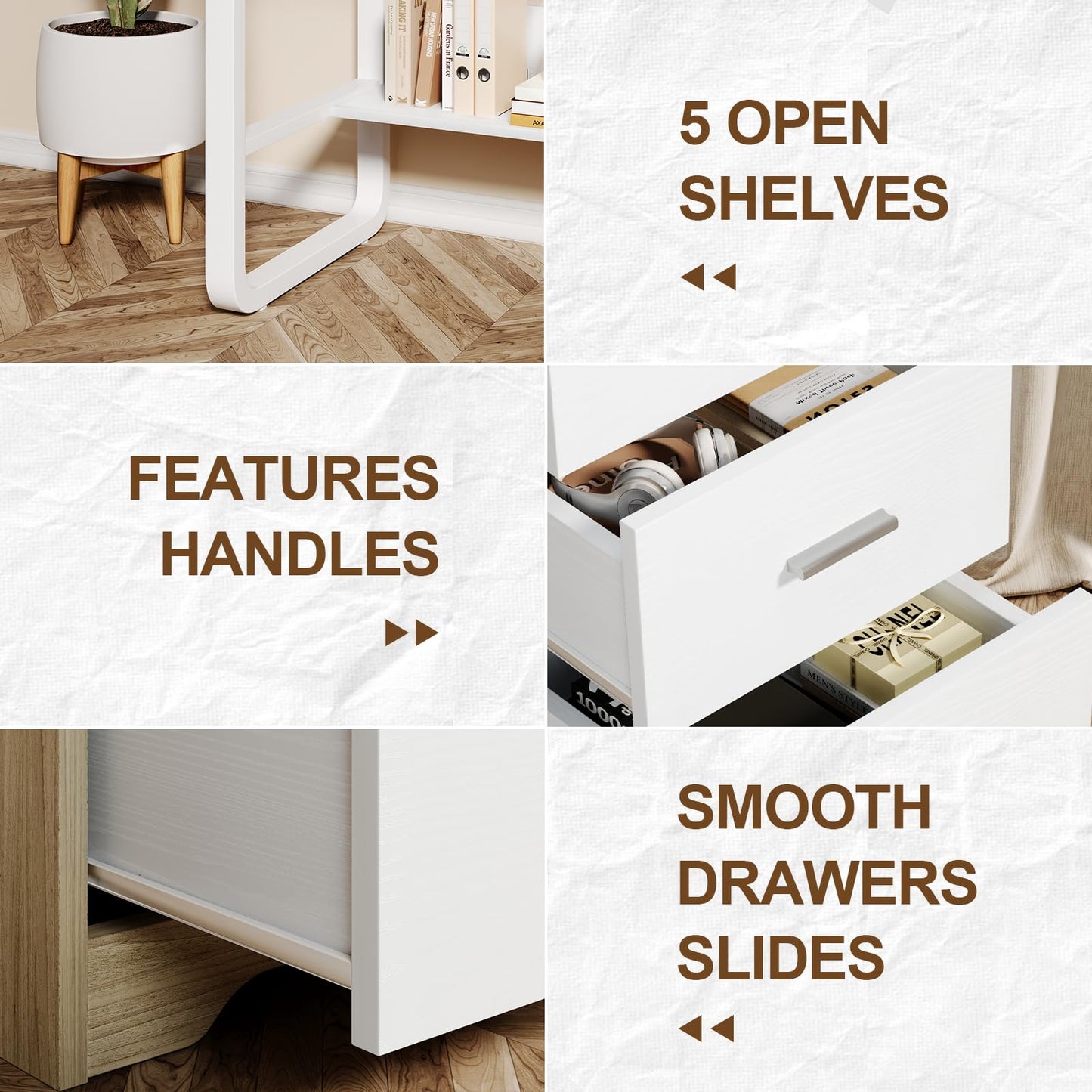 MaverickFurni Small Desk with 3 Drawers, 47 Inch Computer Desk with Drawers & Storage File Cabinet for Small Spaces, Home Office Desk for Bedroom, Bottom Shelves, White and Walnut