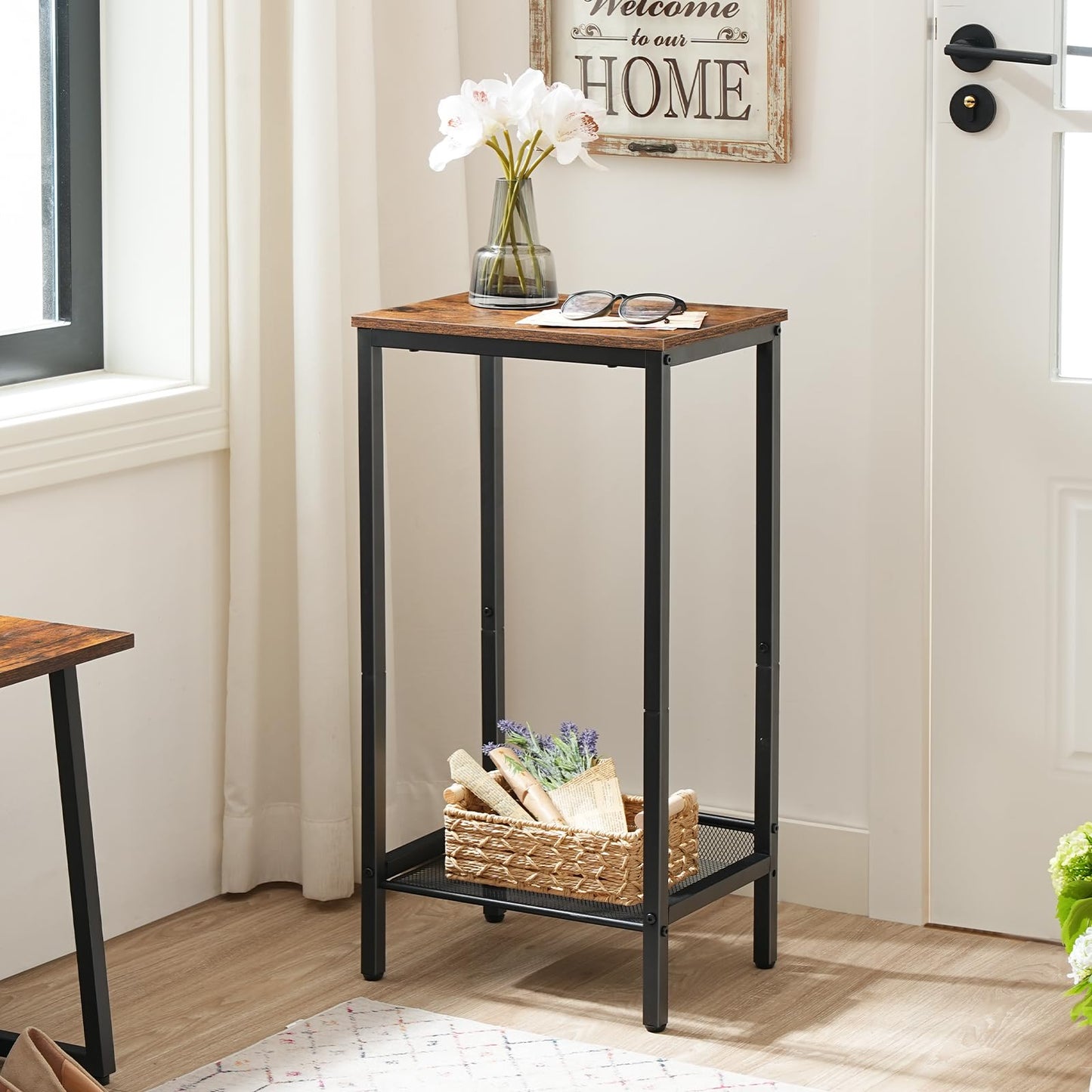 HOOBRO Tall Side Table, Industrial End Telephone Table with Adjustable Mesh Shelves, for Living Room, Bedroom, Entryway, Office, Rustic Brown and Black BF03DH01
