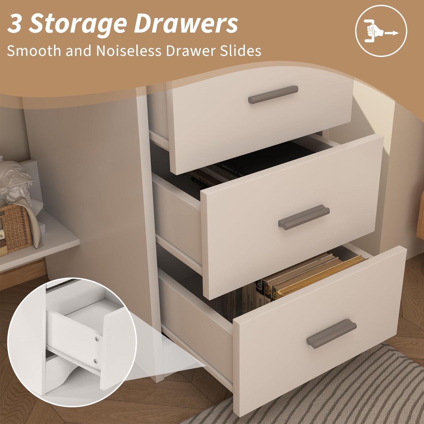 MaverickFurni White Desk with 3 Drawers, 47 Inch Computer Desk with Drawers for Bedroom, Small Home Office Desk with File Cabinet, Bottom Shelves for Small Spaces