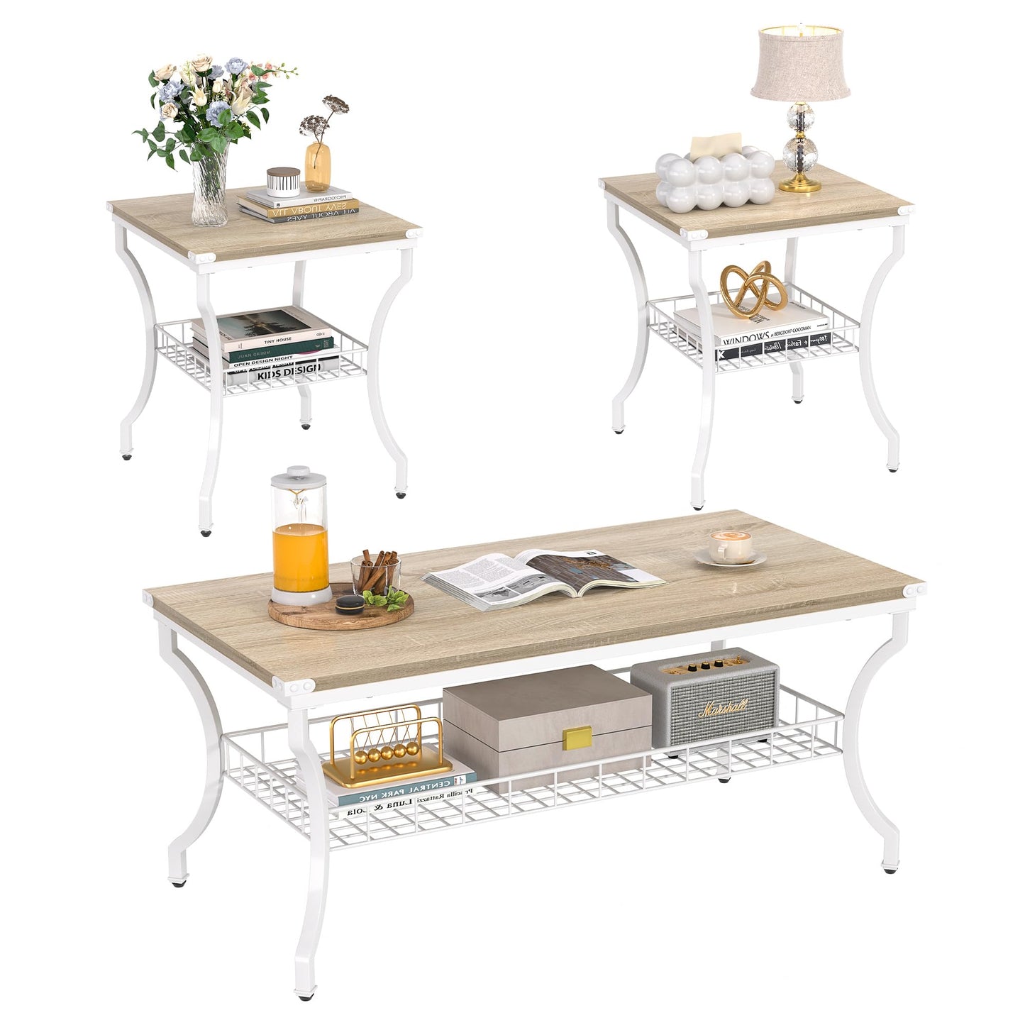 VECELO 3 Pieces Living Room Table Sets, Coffee and End Tables with Open Storage Shelves for Apartment, Home Office, Small Space, Easy Assembly, White Oak