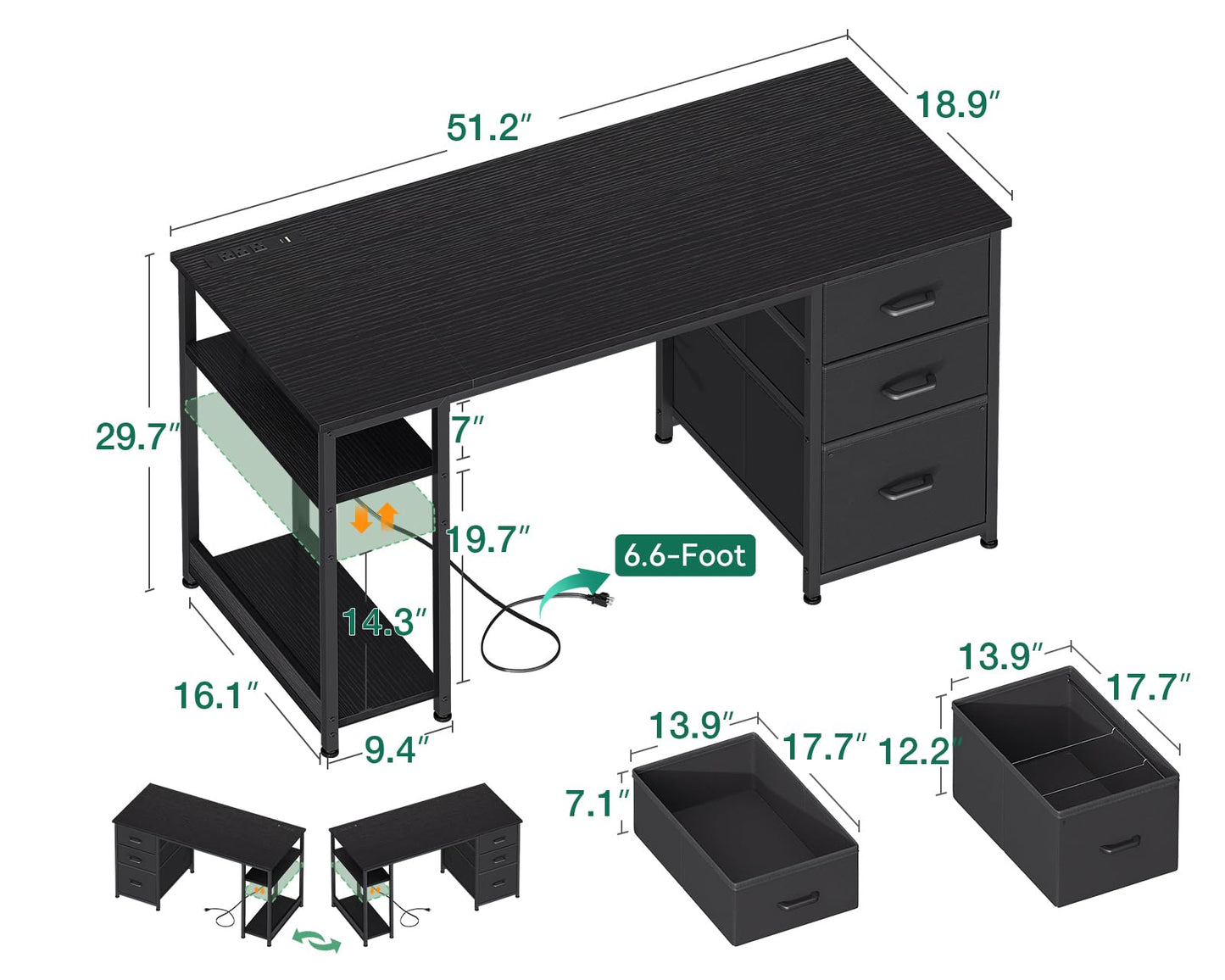 AODK 51 Inch Computer Desk with Fabric Drawers & USB Power Outlets, Reversible Home Office Desk with Storage Shelves, Work from Home, Modern Work/Writing/Study Table for Bedroom, Black