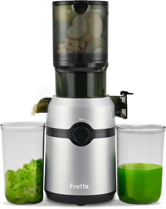 Juicer Machines,Fretta Cold Press Juicer with Large Feed Chute,Fit Whole Fruits & Vegetables,High Juice Yield,BPA-Free,PCTG Material from US (Polished Silver, 1.0 L)