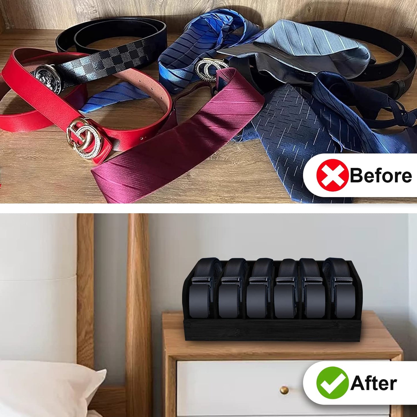 GTI Belt Organizer, 2pcs 6 Compartments Belt Organizer for Closet and Drawer, Bamboo Display Case for Tie and Belt, Belt Holder Storage Organizer for Men Women (Black)