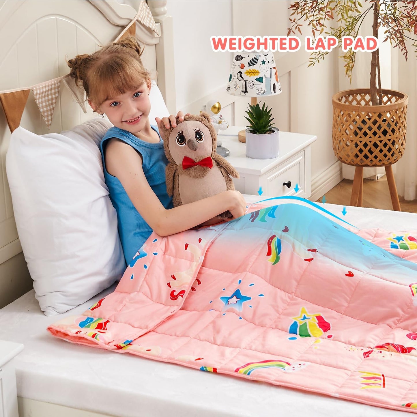 yescool Pink Weighted Blanket 5 Pounds Cooling Weighted Lap Blanket, Rainbow Unicorn Heavy Blankets, Breathable Weighted Throw Blanket for 40-60lbs, 36"x48"