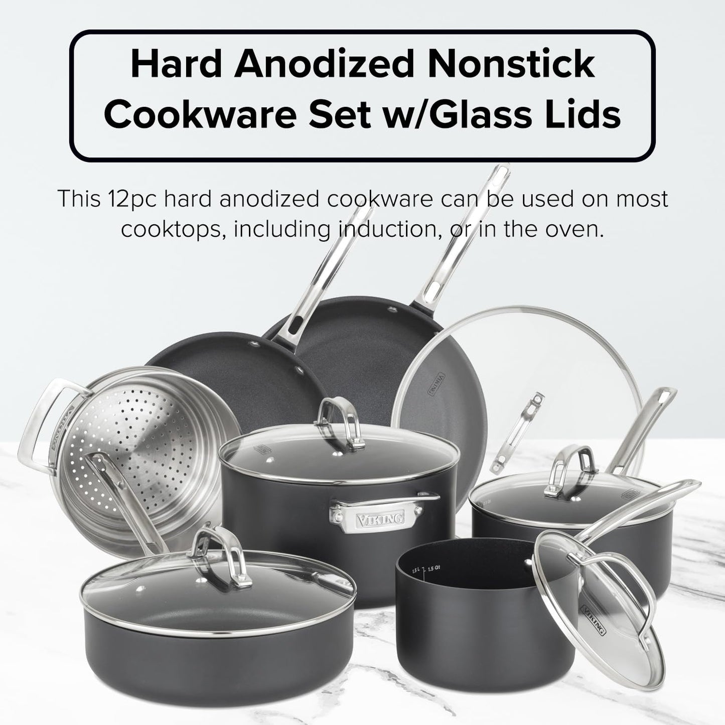 Viking Pots and Pans Set Non Stick, 12 Piece Hard Anodized Kitchen Cookware with Glass Lids, Black